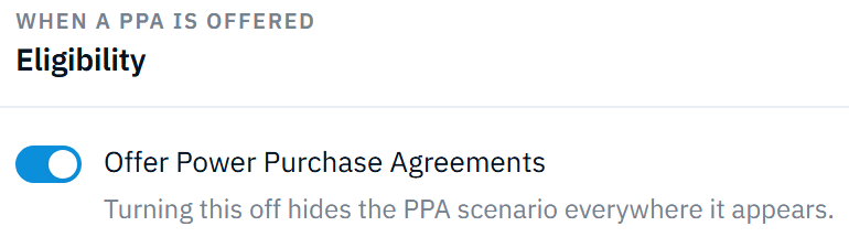PowerPlot PPA settings: a toggle to offer PPAs, a minimum system size, the PPA tariff and how the saving reads to the customer.