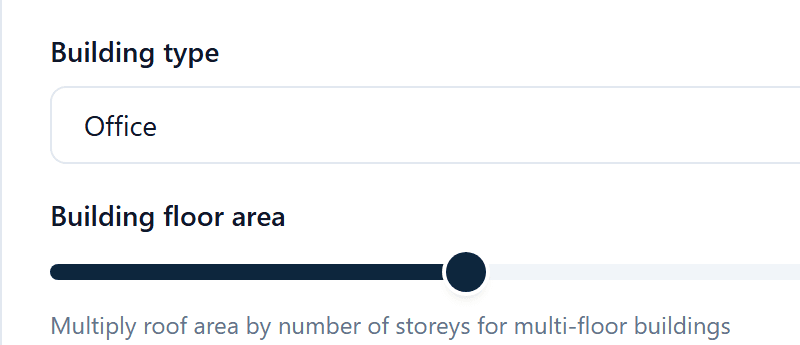 The PowerPlot estimate step asking for building type, floor area, electricity unit rate and annual consumption.